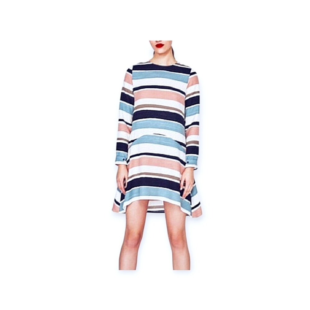Zara Basic Striped Long Sleeve High-Low Shift Dress in Cream, Blue, & Pink, S